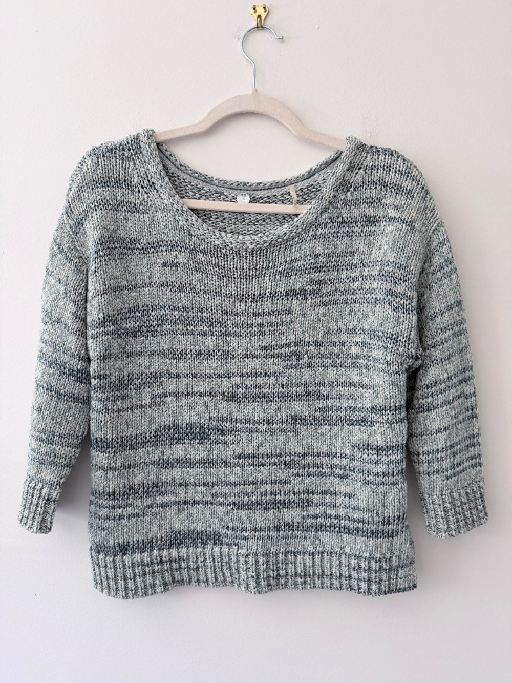 Margaret O'Leary Chunky Knit Popover Sweater Cropped 3/4 Sleeves Seafoam Coastal